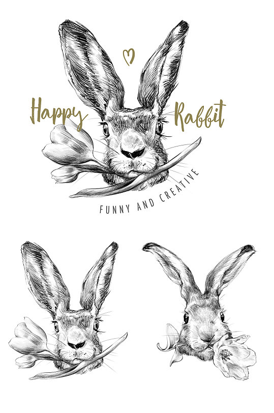 手绘黑白素描小兔子PSD插画设计素材