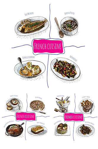 手绘法式特色食物矢量EPS装饰海报宣传