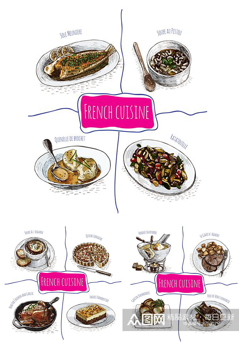 手绘法式特色食物矢量EPS装饰海报宣传素材