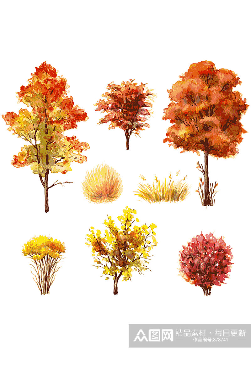 秋天橘红色树木矢量EPS装饰卡片设计素材素材