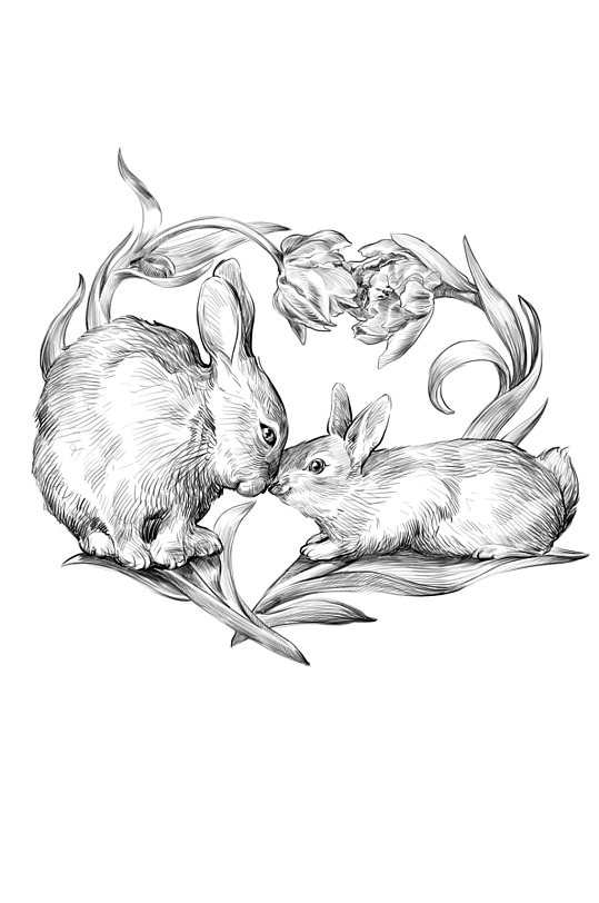 手绘黑白素描小兔子PSD插画设计装饰素材