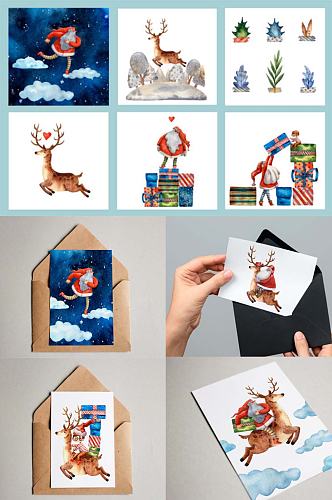 圣诞节圣诞老人麋鹿礼盒卡片矢量设计素材