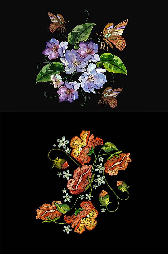矢量水彩刺绣花卉免抠装饰设计素材