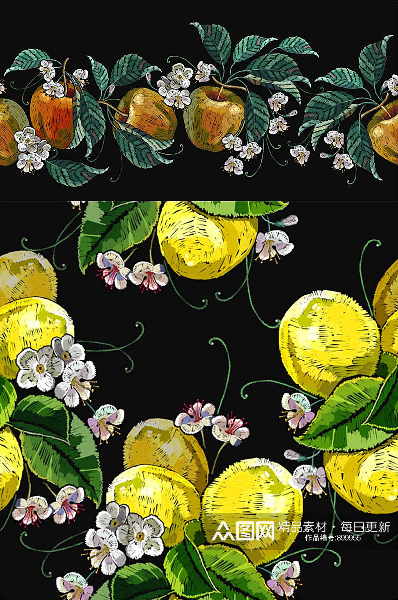 矢量水彩刺绣水果柠檬苹果设计海报装饰素材素材