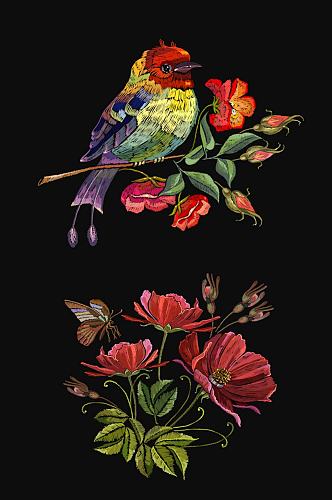 矢量水彩刺绣小鸟花卉海报服装设计素材