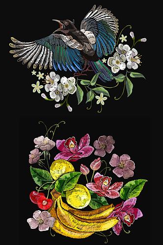 高端矢量水彩刺绣水果小鸟海报服饰设计素材