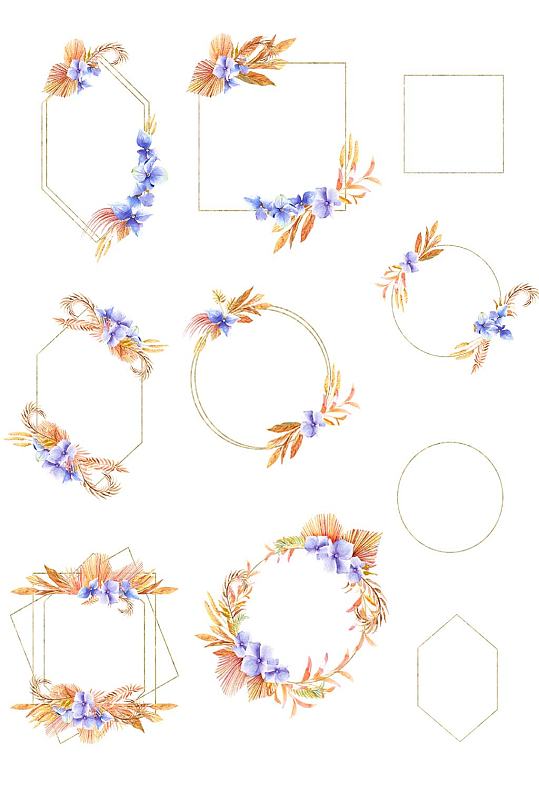 高定手绘免抠金属花卉边框矢量卡片设计素材