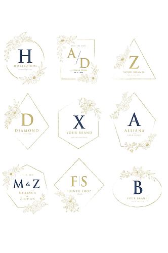 矢量英文字母花框设计婚礼卡片免抠图案素材