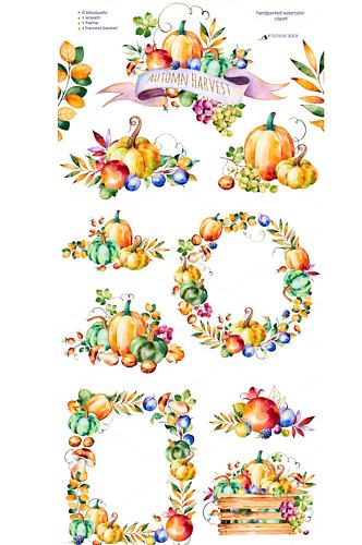 金秋水彩手绘南瓜免抠花卉边框设计素材