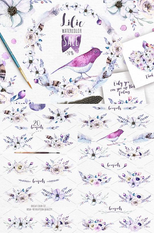 紫色浪漫唯美花朵花环小鸟免抠手绘设计素材