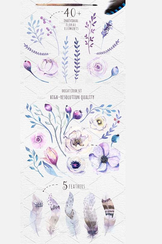 蓝紫色唯美婚礼花卉免扣装饰卡片素材