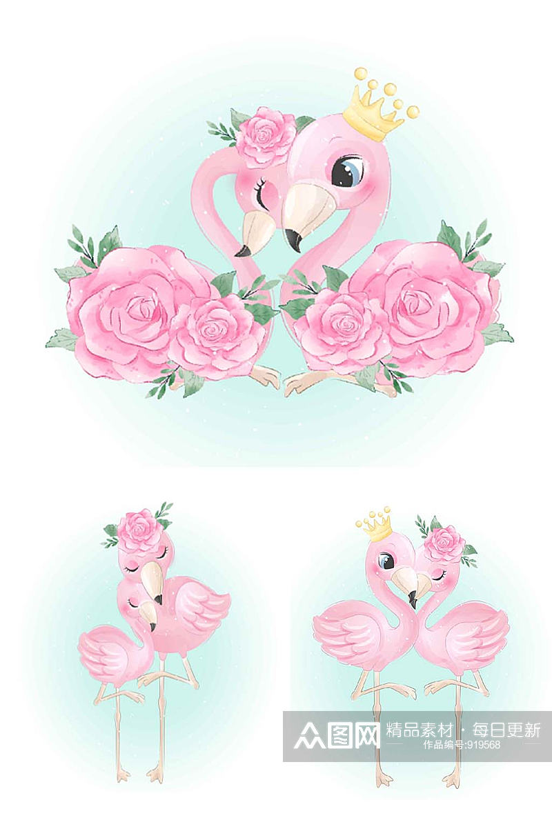 粉色可爱卡通火烈鸟矢量卡片海报设计素材素材