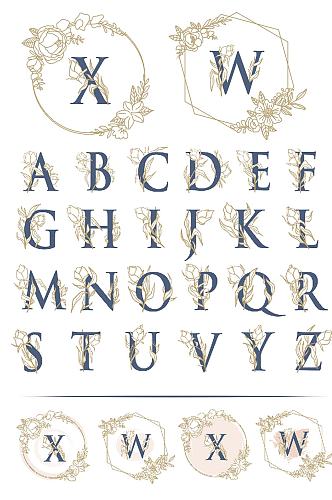 免抠英文字母素材树叶装饰创意婚礼图案