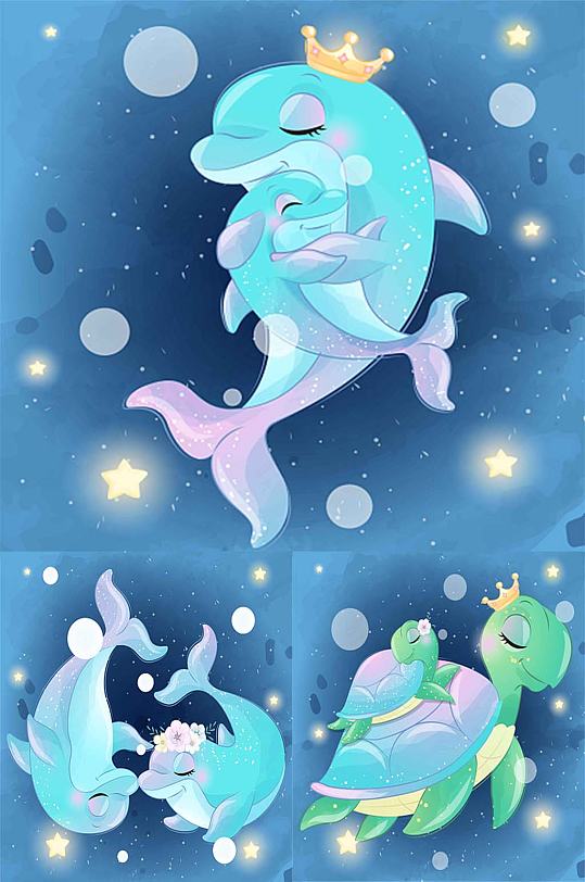 深蓝色可爱海豚乌龟宝宝矢量卡片设计素材