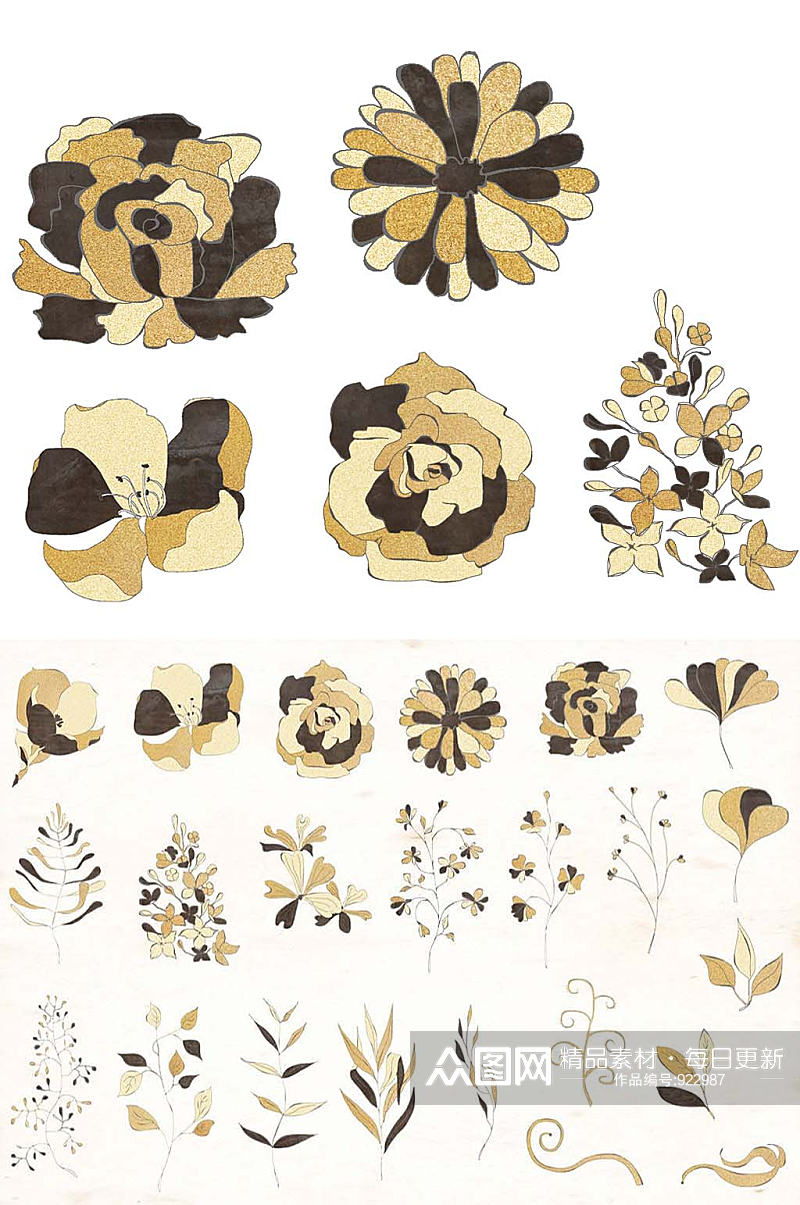 手绘水彩黑金色系花卉免抠卡片设计素材素材