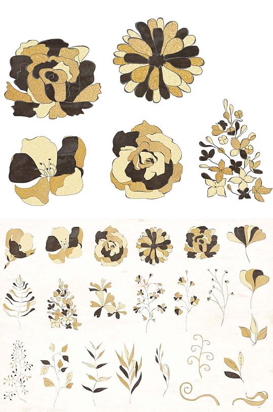 手绘水彩黑金色系花卉免抠卡片设计素材