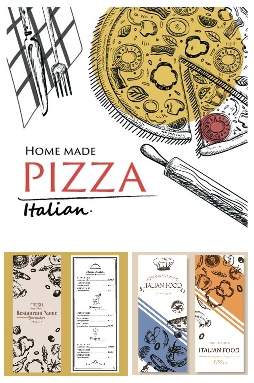 矢量手绘线稿西餐厅披萨菜单海报设计装饰