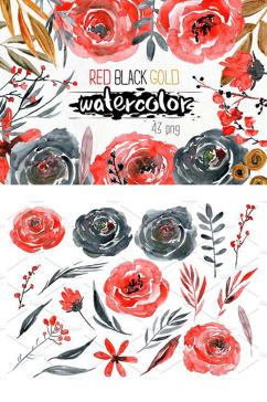免抠黑红简洁花卉卡片设计元素素材