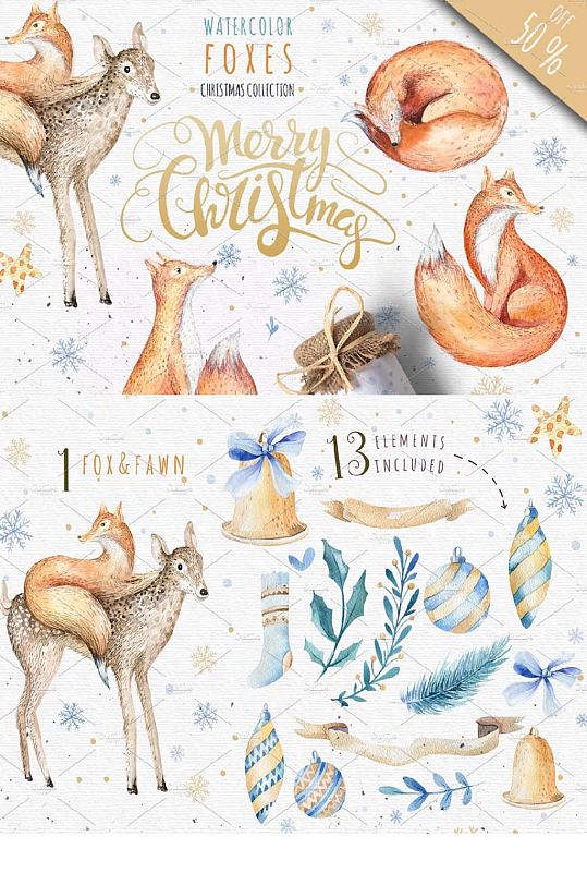 唯美冬季圣诞狐狸铃铛免抠设计装饰素材
