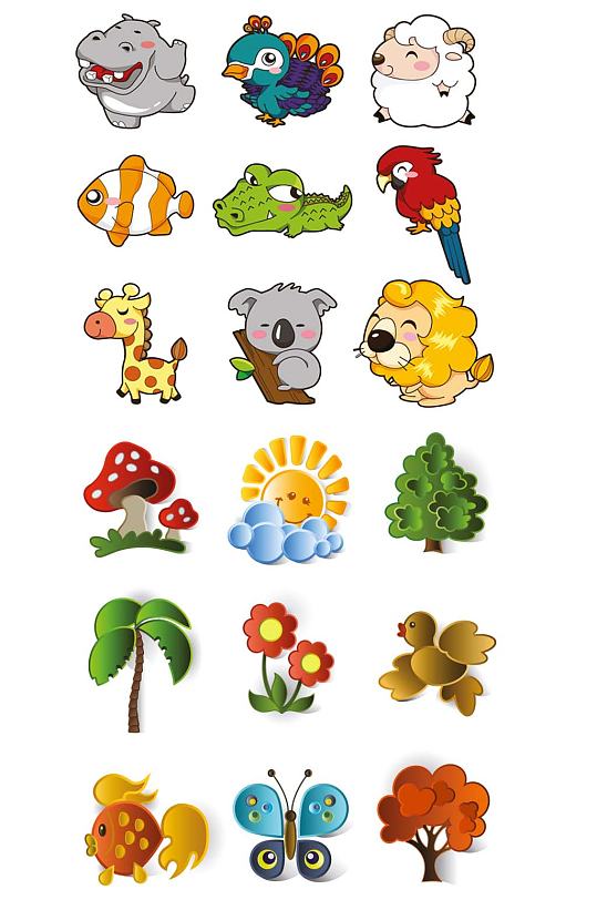 可爱卡通小动物蘑菇森林花卉矢量免抠素材