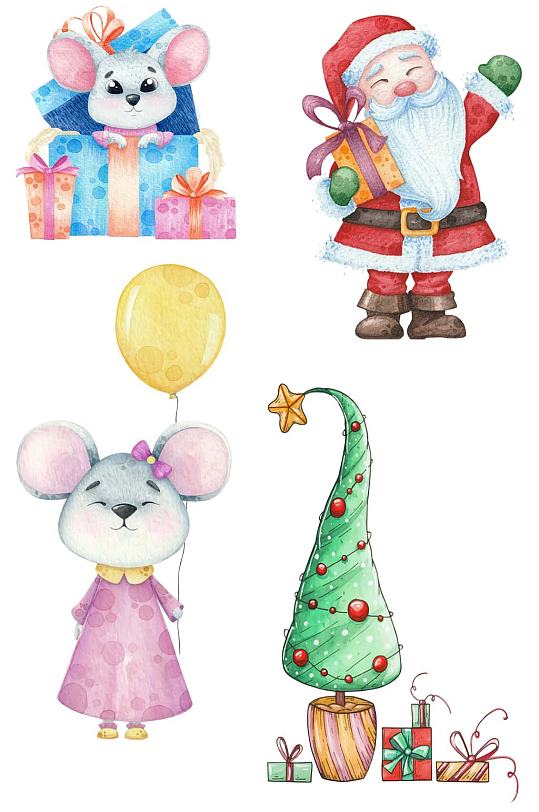 矢量免抠老鼠礼盒圣诞树圣诞老人插图海报