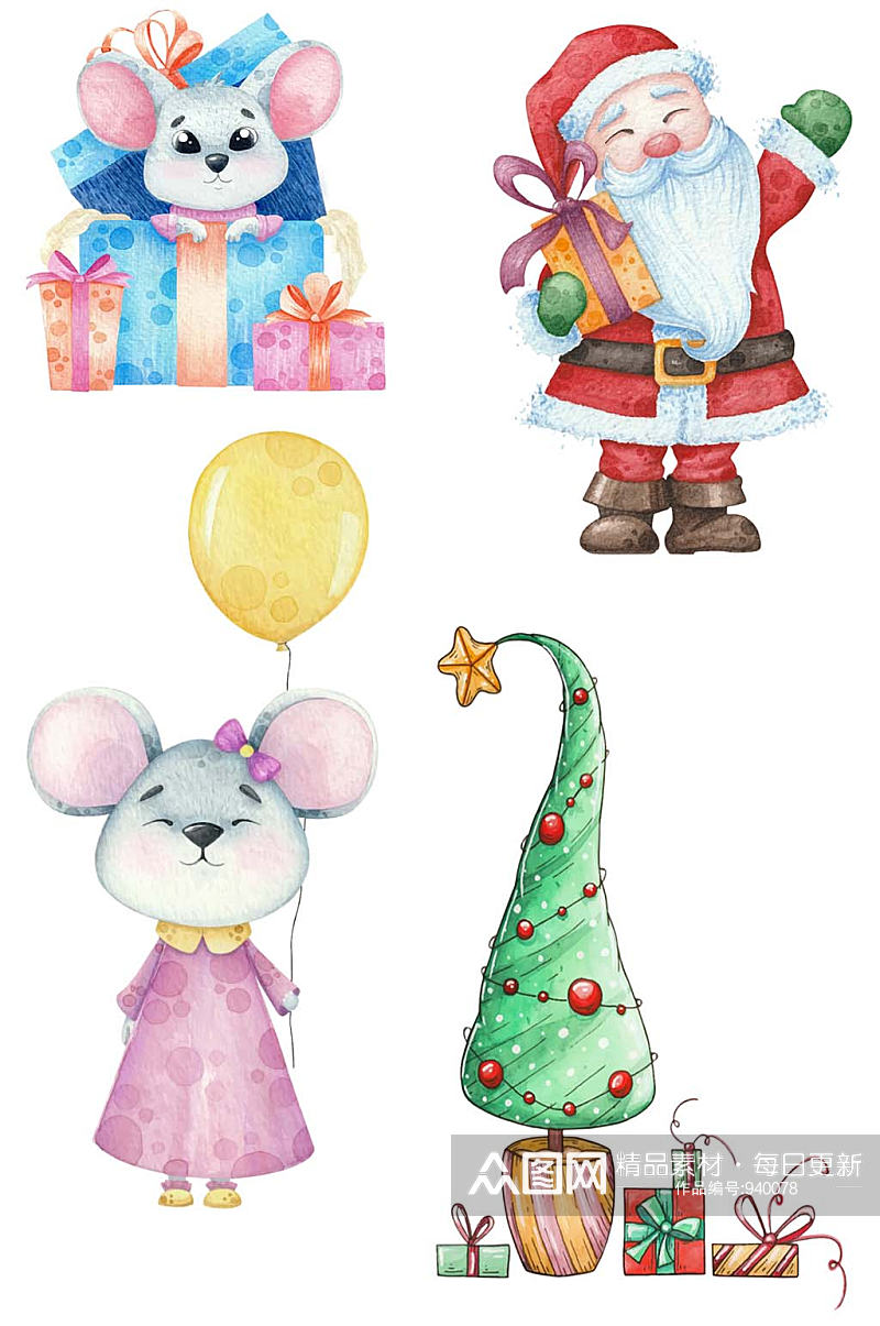 矢量免抠老鼠礼盒圣诞树圣诞老人插图海报素材