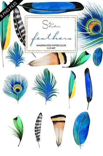 手绘蓝色孔雀羽毛免抠设计装饰素材