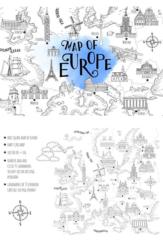 手绘线稿欧洲地图地标免抠设计素材