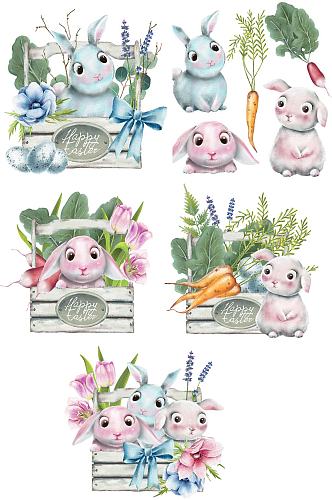 复活节花篮小兔子胡萝卜矢量设计卡片素材