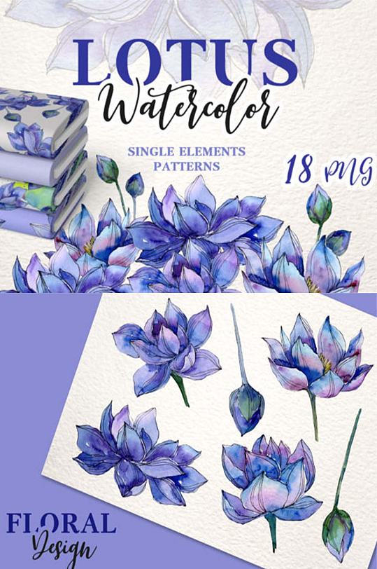 蓝紫色水彩睡莲免抠PNG卡片设计装饰素材