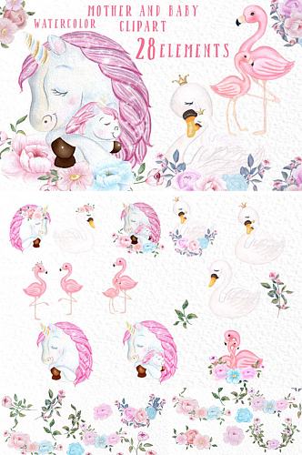 手绘童话世界粉色木马天鹅元素装饰免抠素材