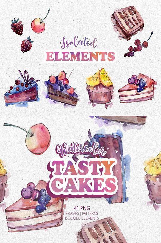 手绘蓝莓蔓越莓巧克力蛋糕甜品设计免抠装饰