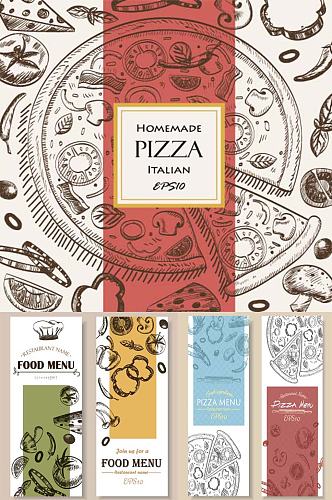 矢量手绘线稿西餐厅披萨菜单海报设计素材