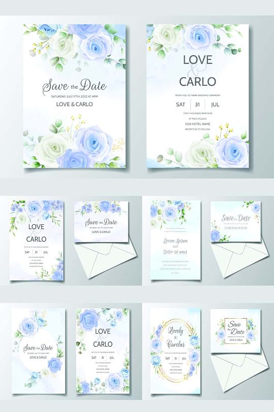 蓝色玫瑰婚礼婚庆卡片邀请函矢量设计装饰