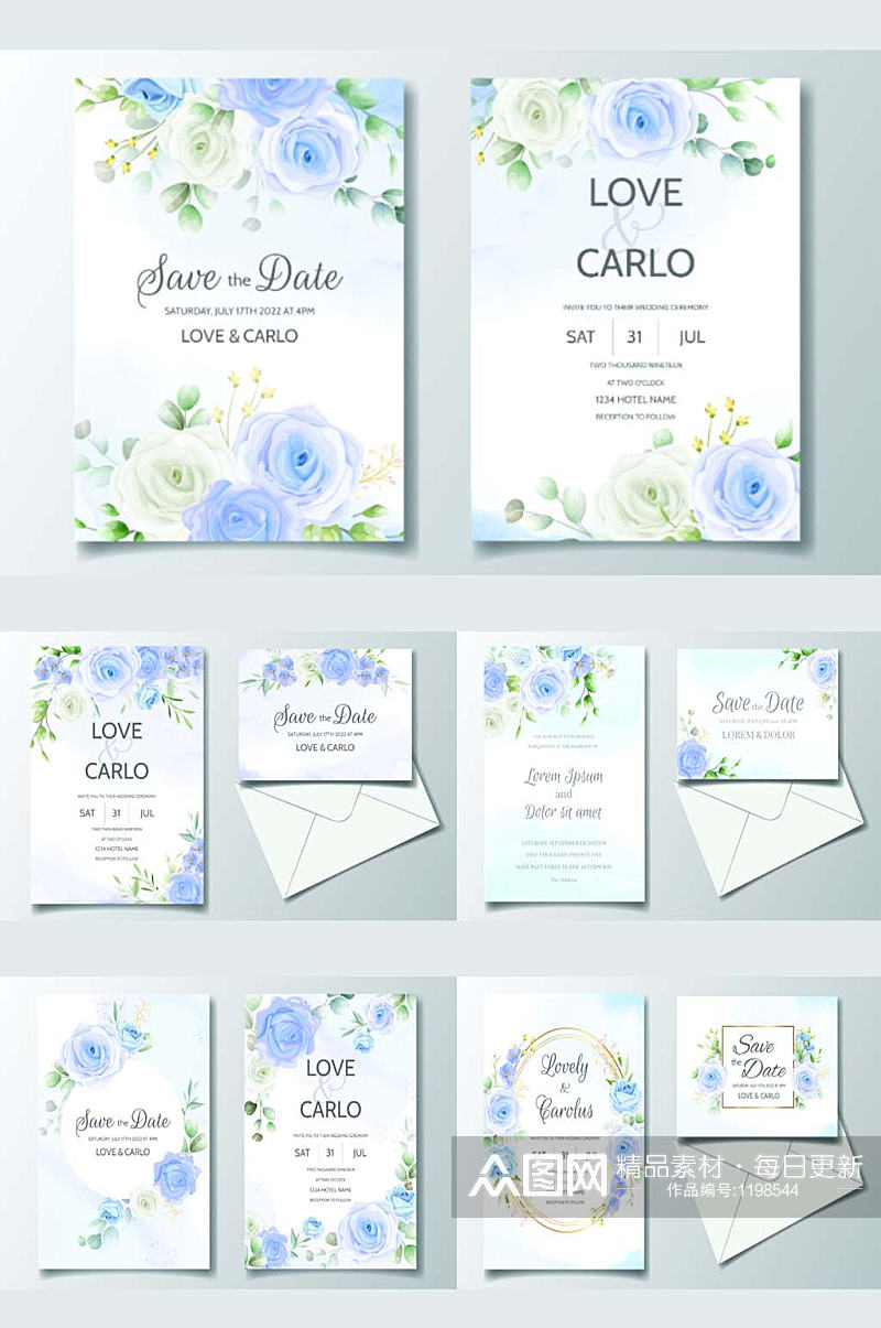 蓝色玫瑰婚礼婚庆卡片邀请函矢量设计装饰素材