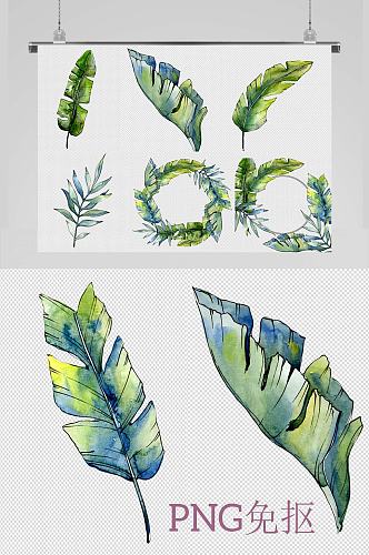 手绘水彩免抠绿色棕榈叶装饰素材图