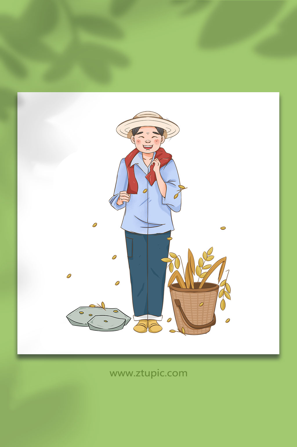 稻穗旁边微笑的农民人物插画素材