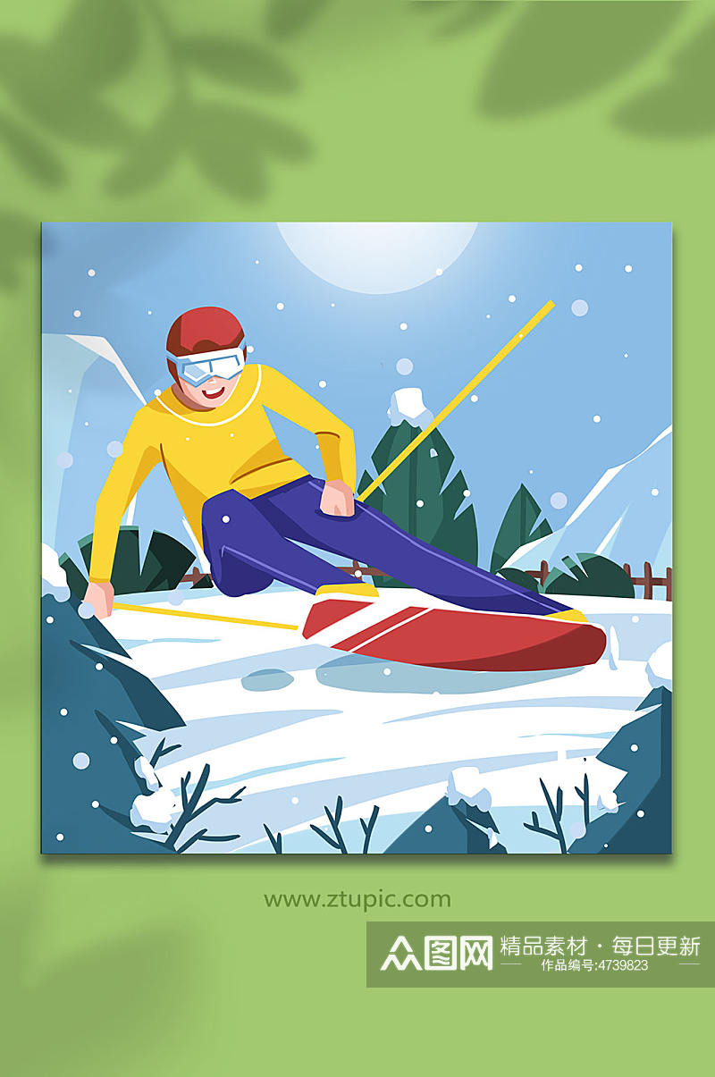 冬天扁平化滑雪的运动员人物插画素材