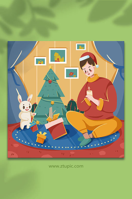 扁平风男孩和圣诞树圣诞节人物插画