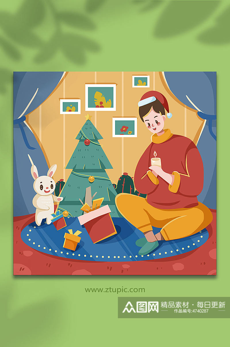 扁平风男孩和圣诞树圣诞节人物插画素材