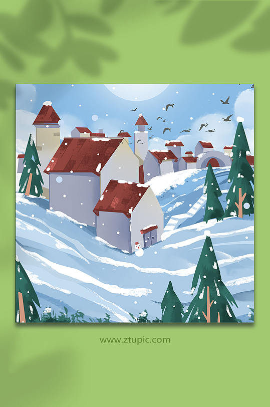 手绘风冬天下雪红房子雪景