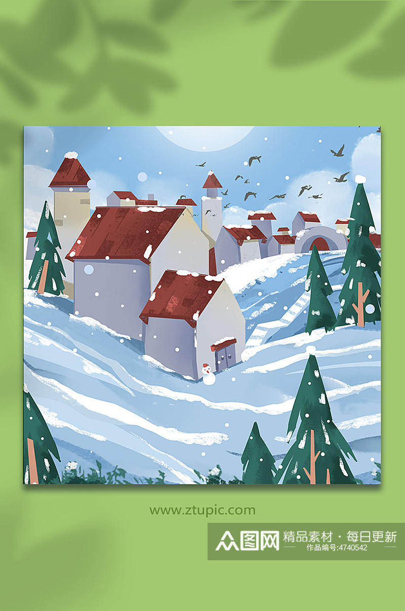 手绘风冬天下雪红房子雪景素材