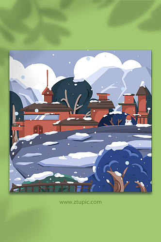 冬天扁平风红色建筑和下雪天城市雪景插画