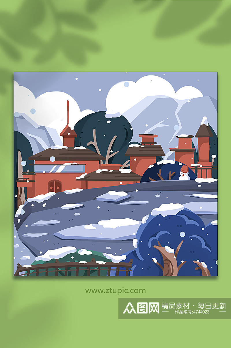 冬天扁平风红色建筑和下雪天城市雪景插画素材