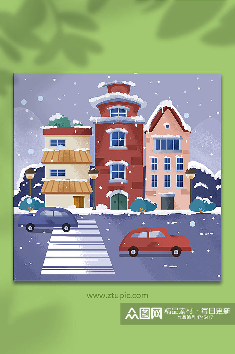 扁平风冬天城市街道建筑城市雪景插画素材