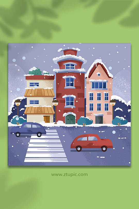 扁平风冬天城市街道建筑城市雪景插画