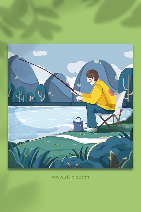 扁平风河边垂钓人物插画