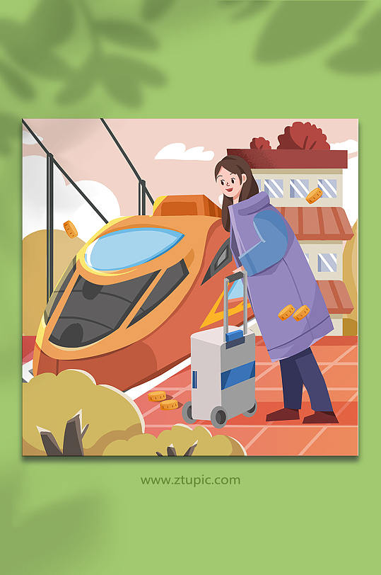 扁平化高铁新年春运人物插画-众图网