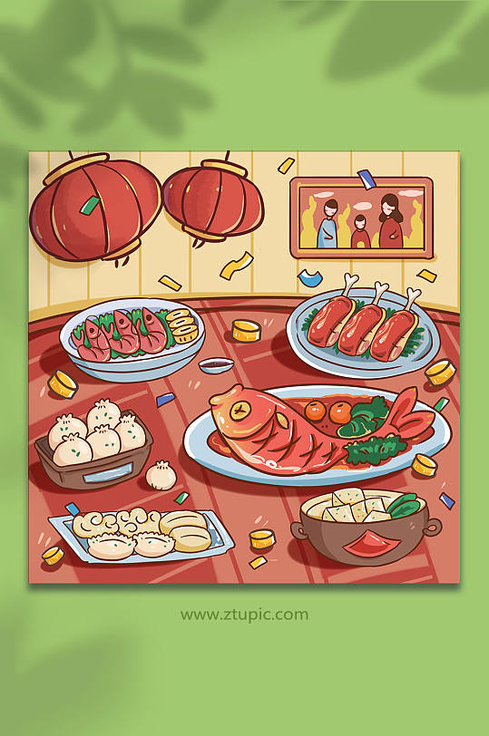 新年春节除夕年夜饭美食插画