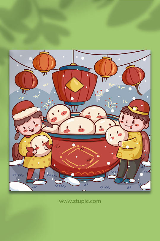 元宵节吃汤圆的男孩和女孩元宵节人物插画-众图网